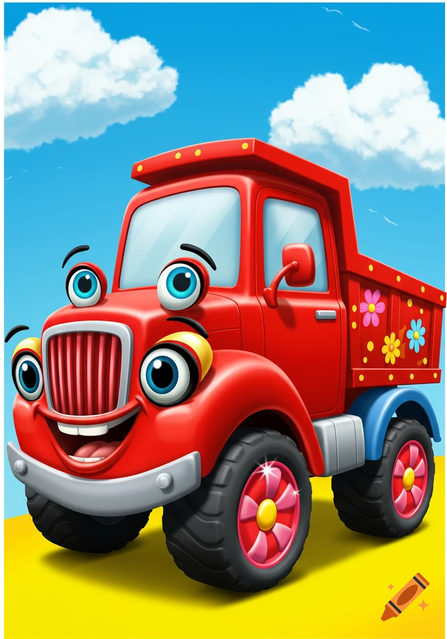 A cheerful red cartoon dump truck with big blue eyes smiles under a blue sky with fluffy clouds.