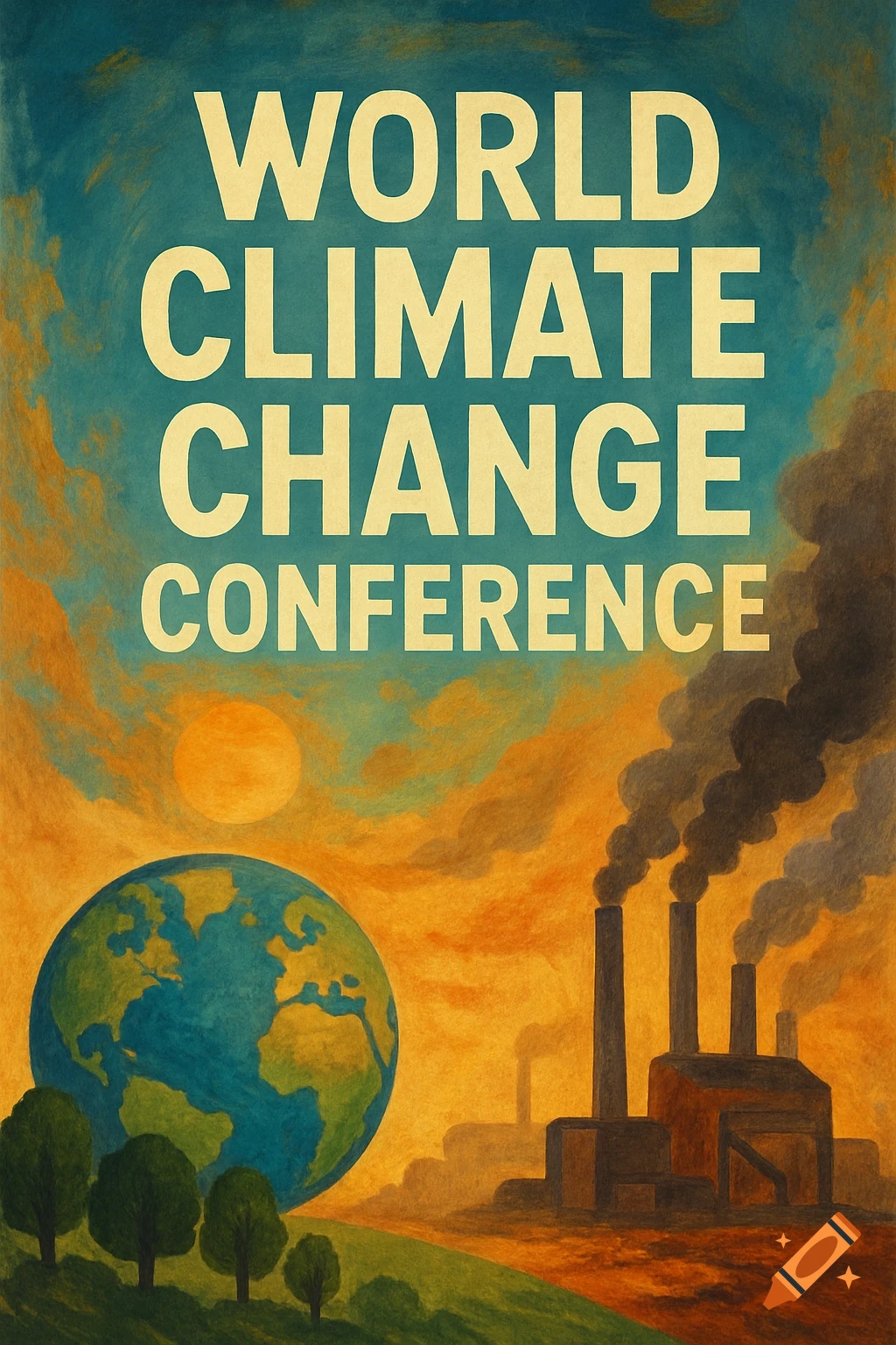 Poster for world climate change conference with Earth, smoking factories, and trees, in an illustrative style.