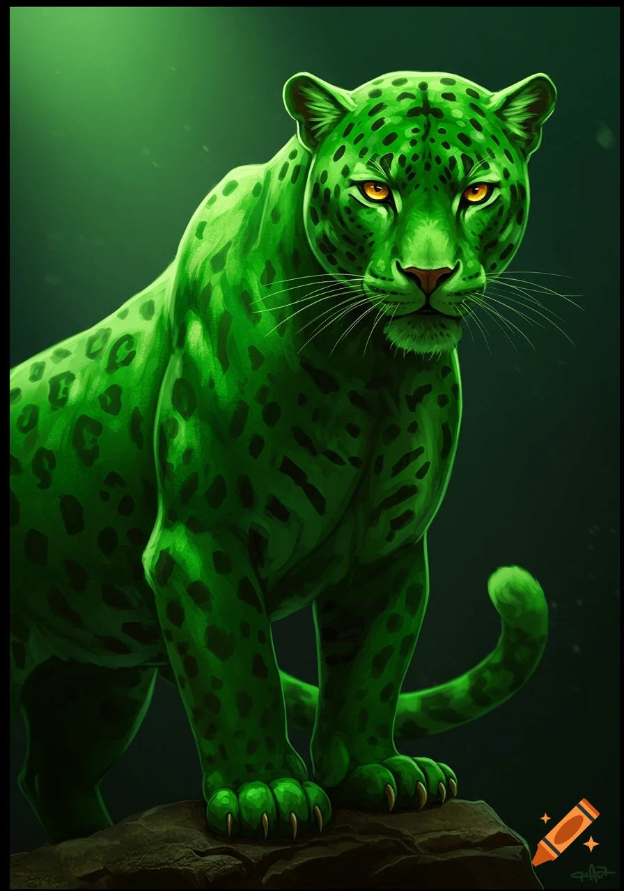 A green panther with black spots and yellow eyes stands on a rock.