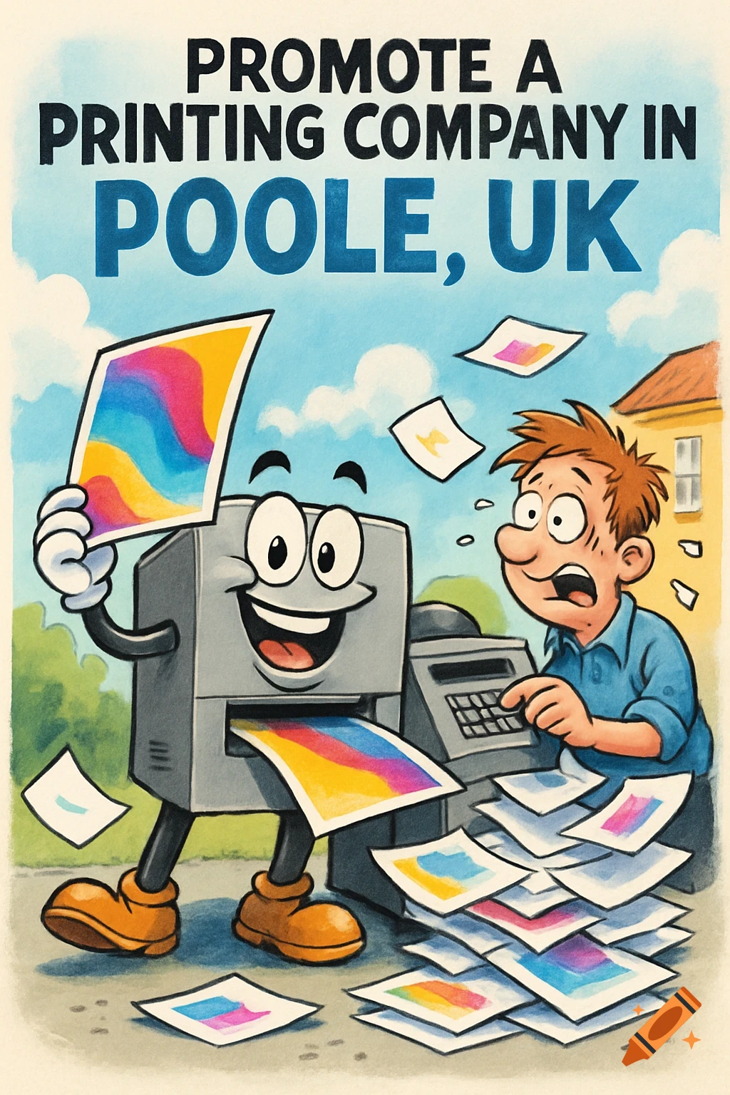 Cartoon illustration of a cheerful printer machine and a man surrounded by printed pages, with text 'PROMOTE A PRINTING COMPANY IN POOLE, UK'.