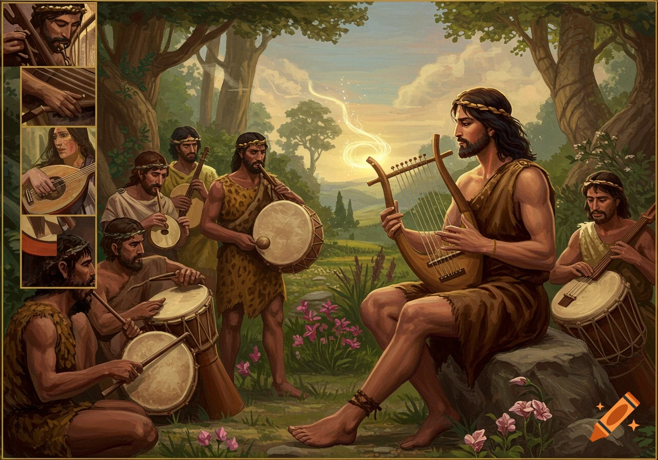 Men play ancient instruments like a lyre, drums, horn, and lute in a forest clearing at sunset, painted style.