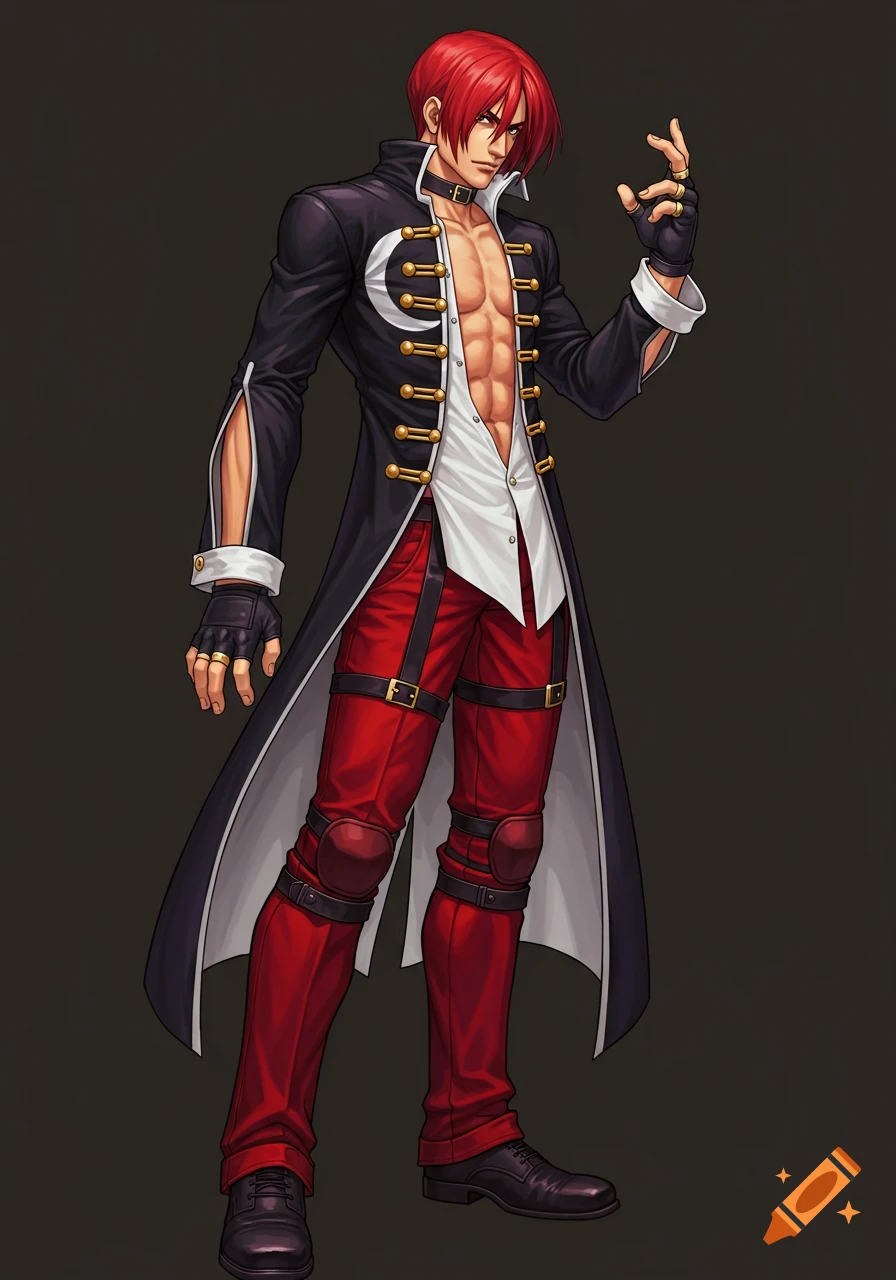 Illustration of a man with red hair, black coat, open white shirt showing abs, red pants, and gloves