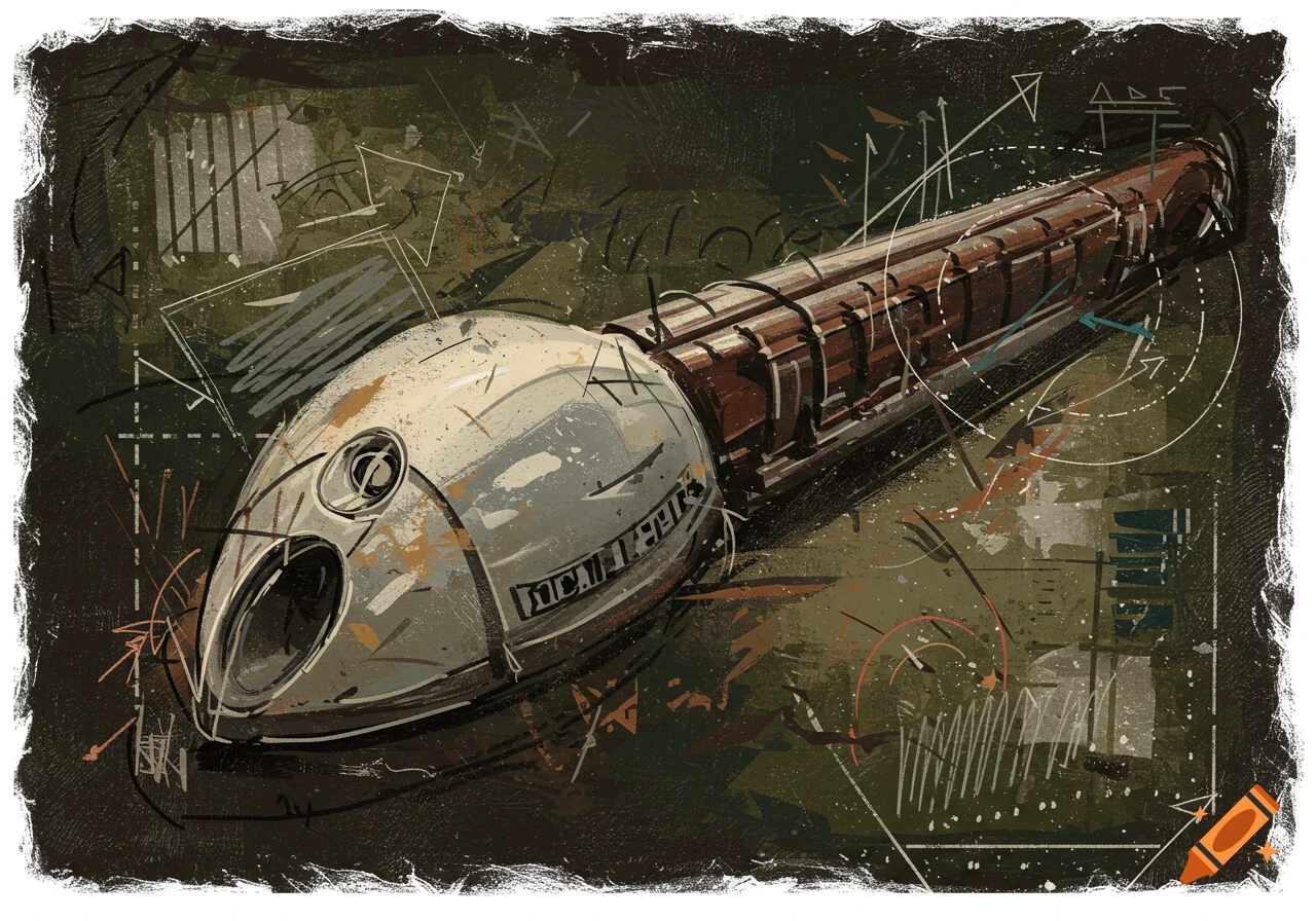 Illustration of a futuristic object with technical sketches on a dark background.