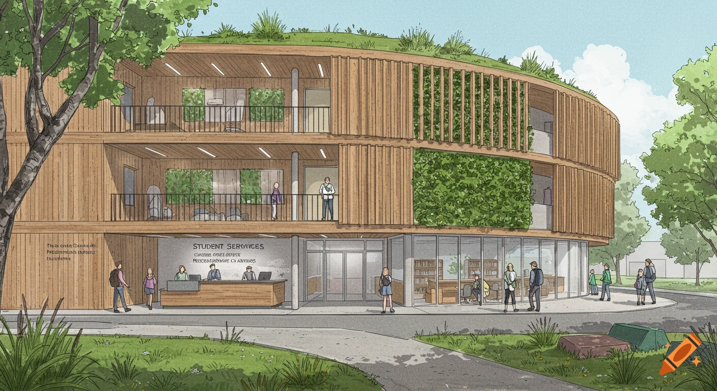 Architectural sketch of a curved modern building with wooden facade, green roof, and students