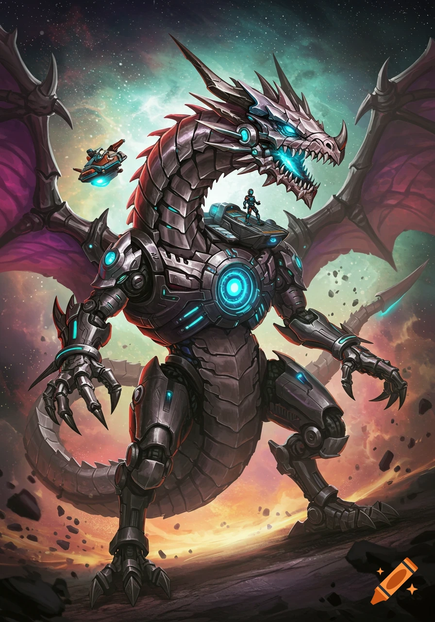 A detailed illustration of a large mechanical dragon standing in space, with a small figure on its back and a hovercraft flying nearby.