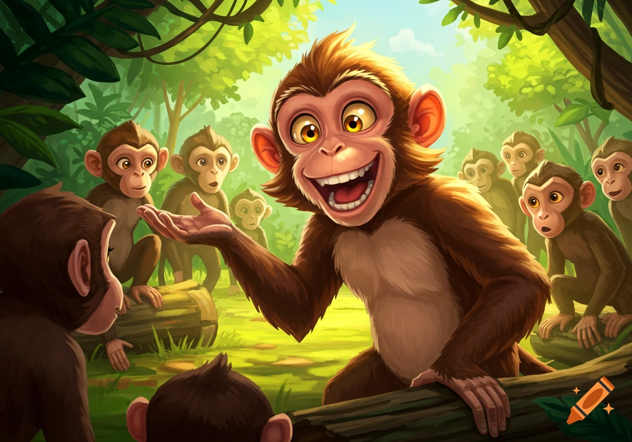 A cartoon monkey speaks to a group of other monkeys in a lush jungle setting.