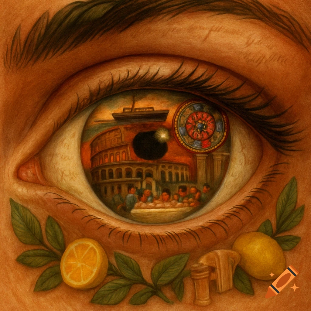 Close-up painting of an eye reflecting scenes of Italian culture including the Colosseum, a boat, a family meal, and stained glass, framed by lemons and leaves.