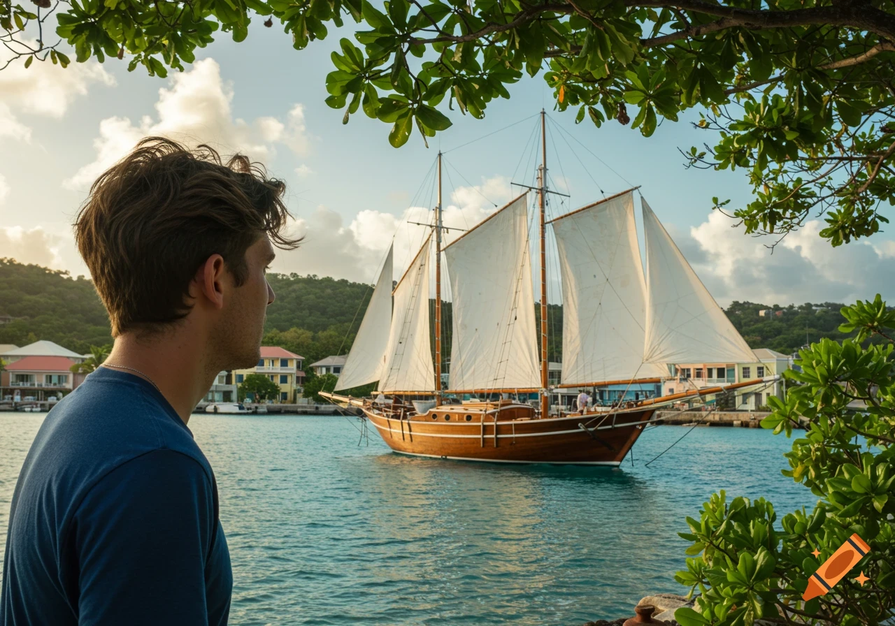 Man looks out at a large wooden sailboat in a tropical harbor with buildings.