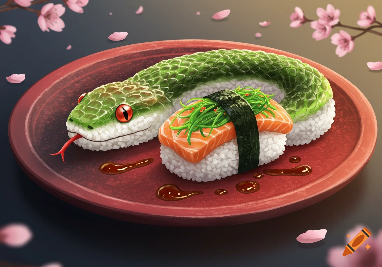 Sushi shaped like a green snake on a red plate with salmon and cherry blossoms