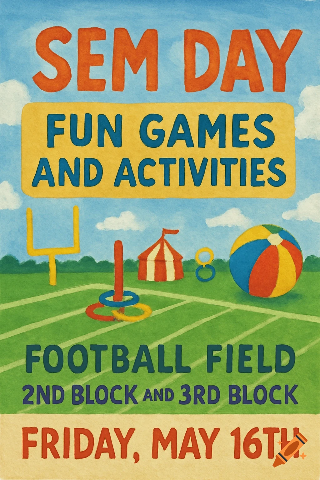 Watercolor style flyer for SEM Day with games on a football field.