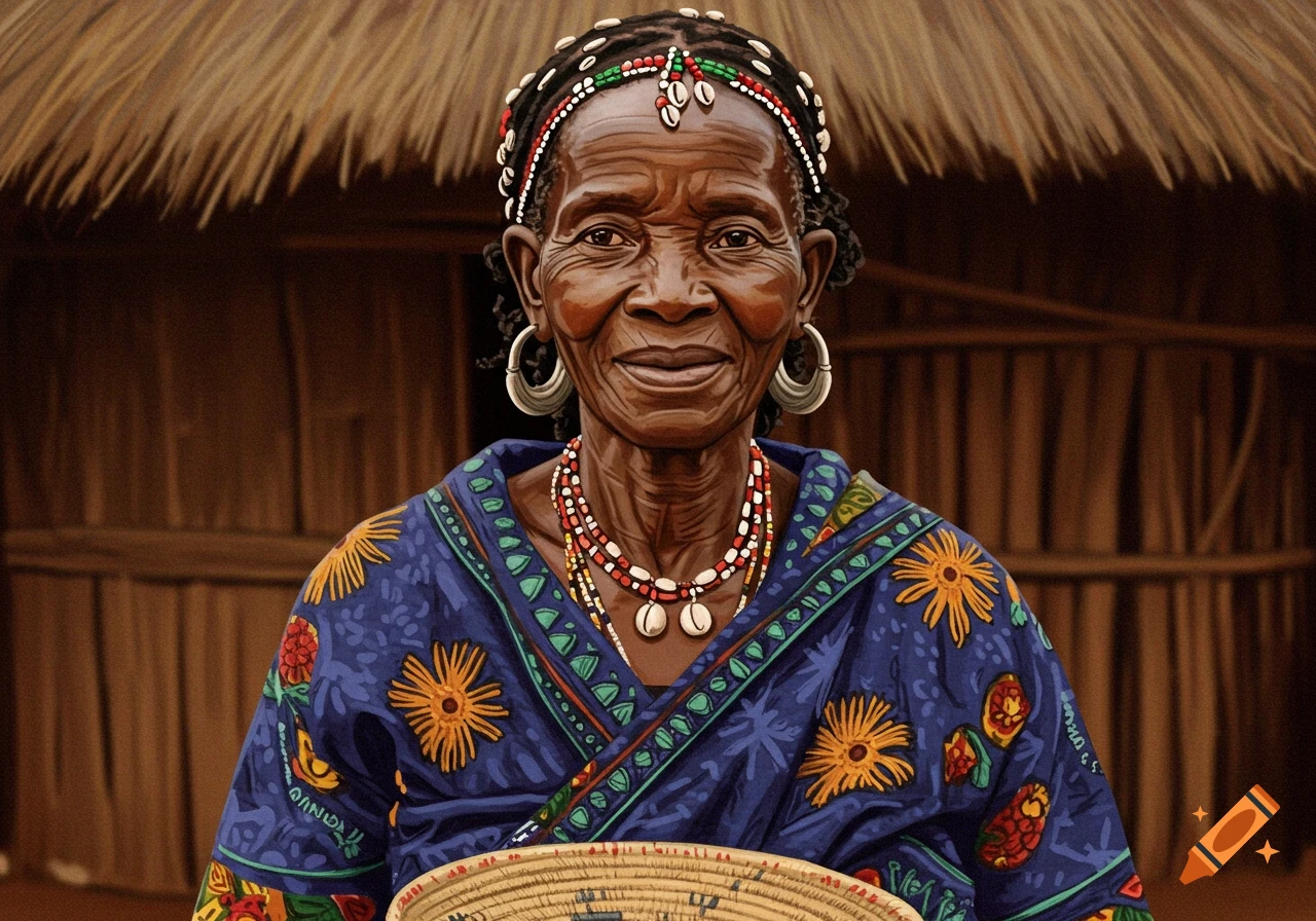 A close-up portrait of an older African woman with jewelry and traditional clothing, holding a basket.