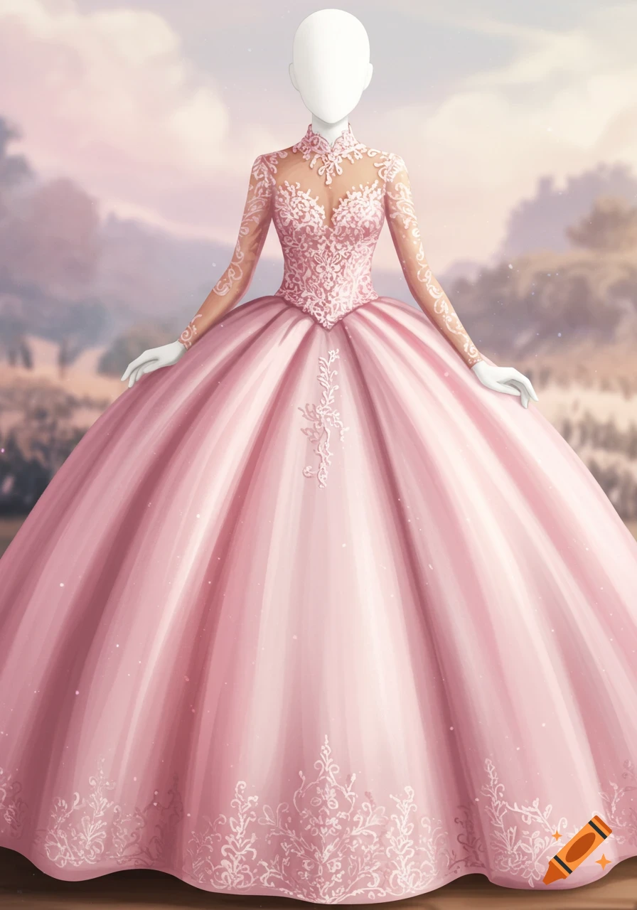 Stylized illustration of a faceless figure in a pink ball gown with white lace detailing in a soft landscape background.