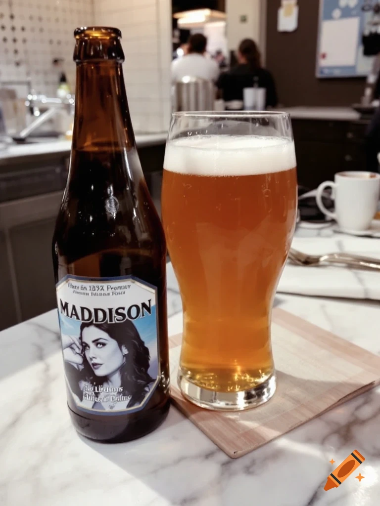 A bottle of Maddison beer next to a glass of beer on a table with a white marble top.