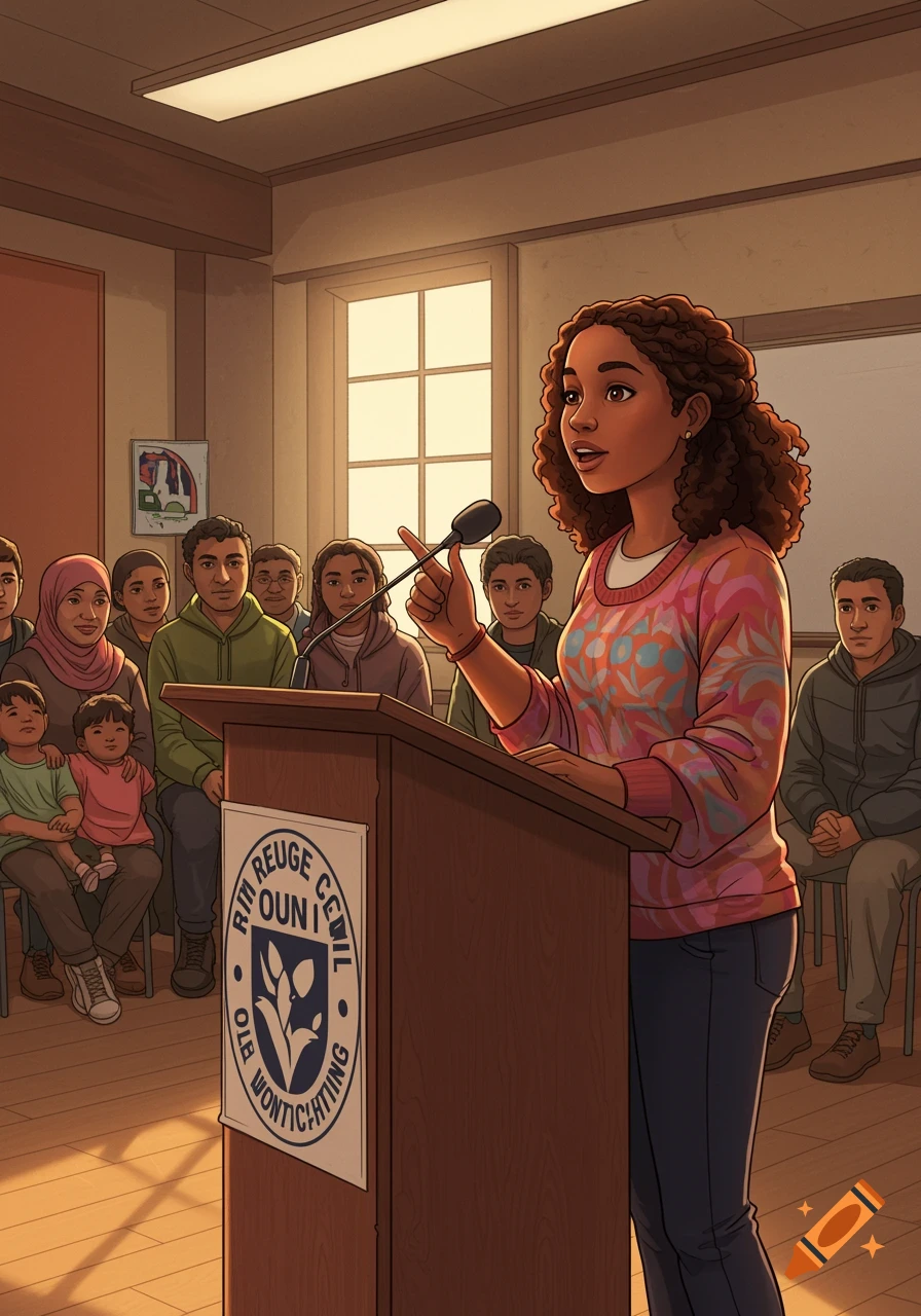 Illustration of a student giving a speech at a podium to an audience.