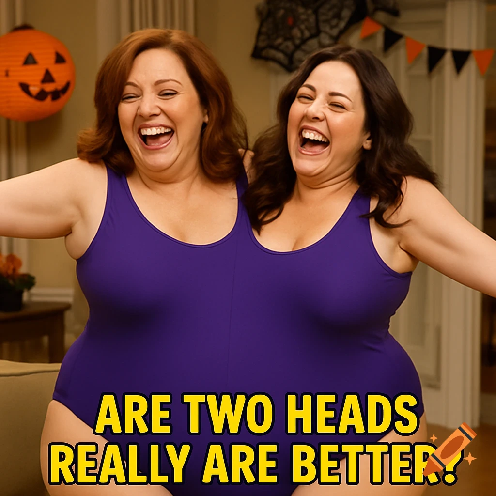 Two women in a large purple swimsuit create a two-headed illusion, laughing against a backdrop of Halloween decorations.