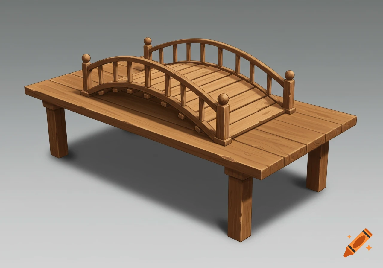 A small wooden bridge sits on a wooden table.