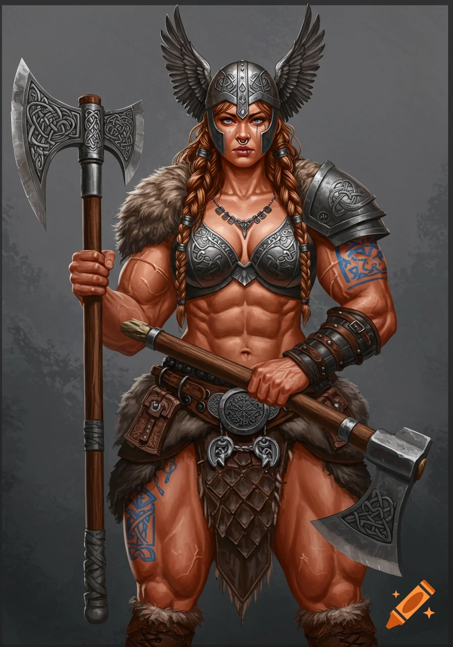 Muscular valkyrie woman in helmet and armor holding two axes, fantasy art style.