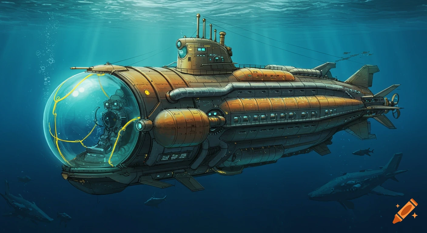 Steampunk submarine with a large glass dome underwater
