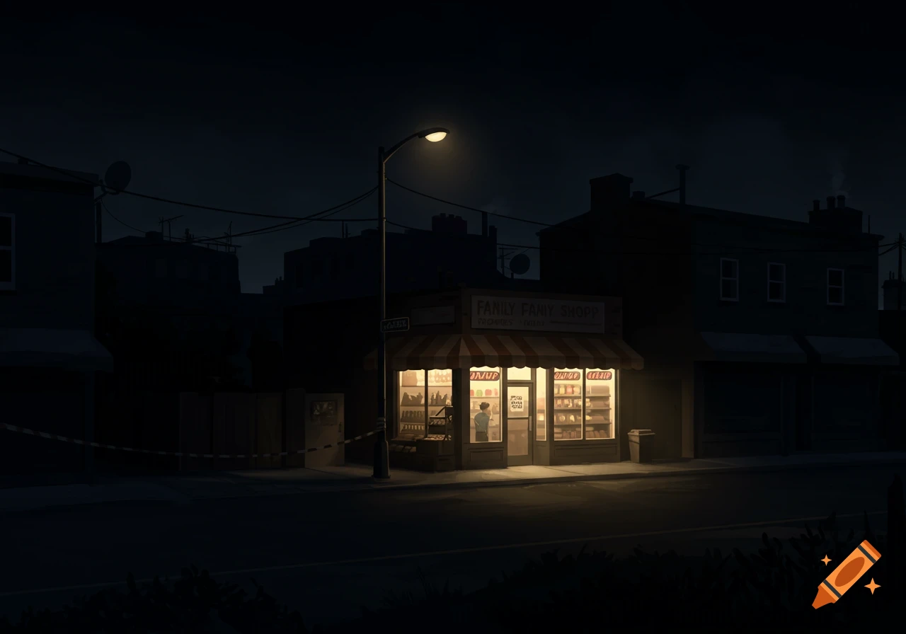 Stylized image of a convenience store lit up at night on a dark street during a blackout.