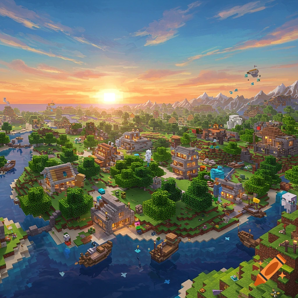 Vibrant blocky village landscape at sunrise, river, boats, buildings, blocky characters, and mountains in the background.