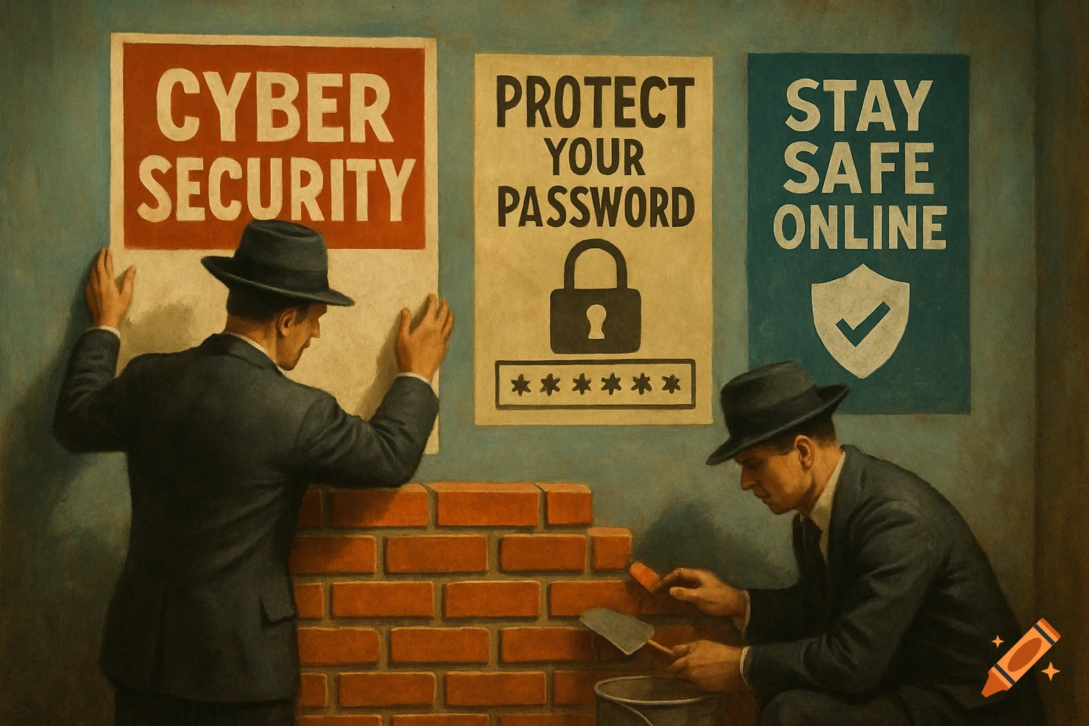 Two men installing cybersecurity posters and building a brick wall in a vintage painting style.