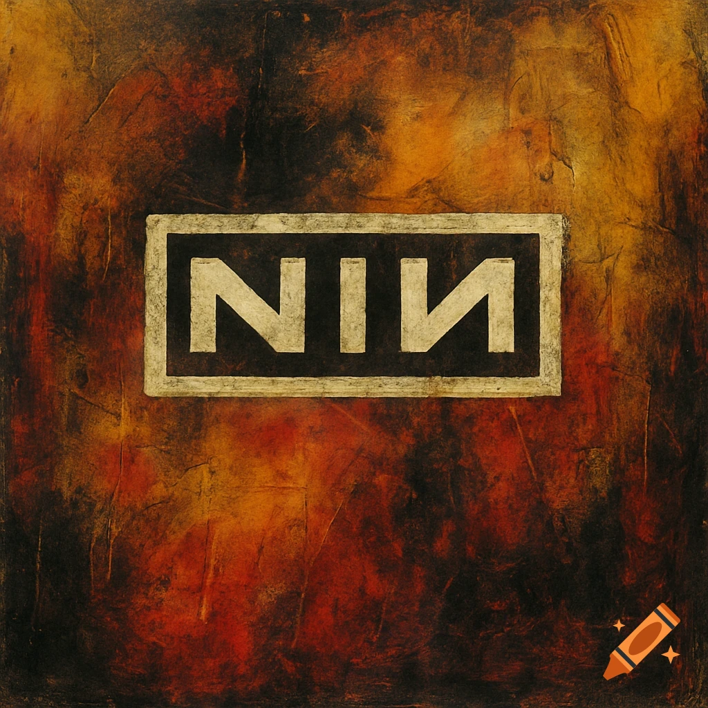 A rectangle with white letters NIN against a textured, dark orange and black background.