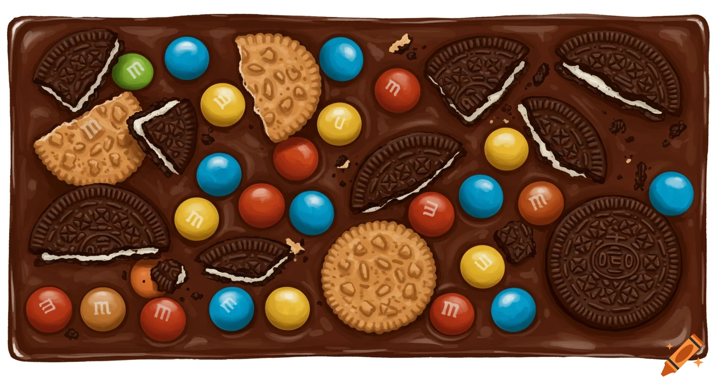 An illustration of a chocolate bar topped with M&Ms, cookies, and Oreos.
