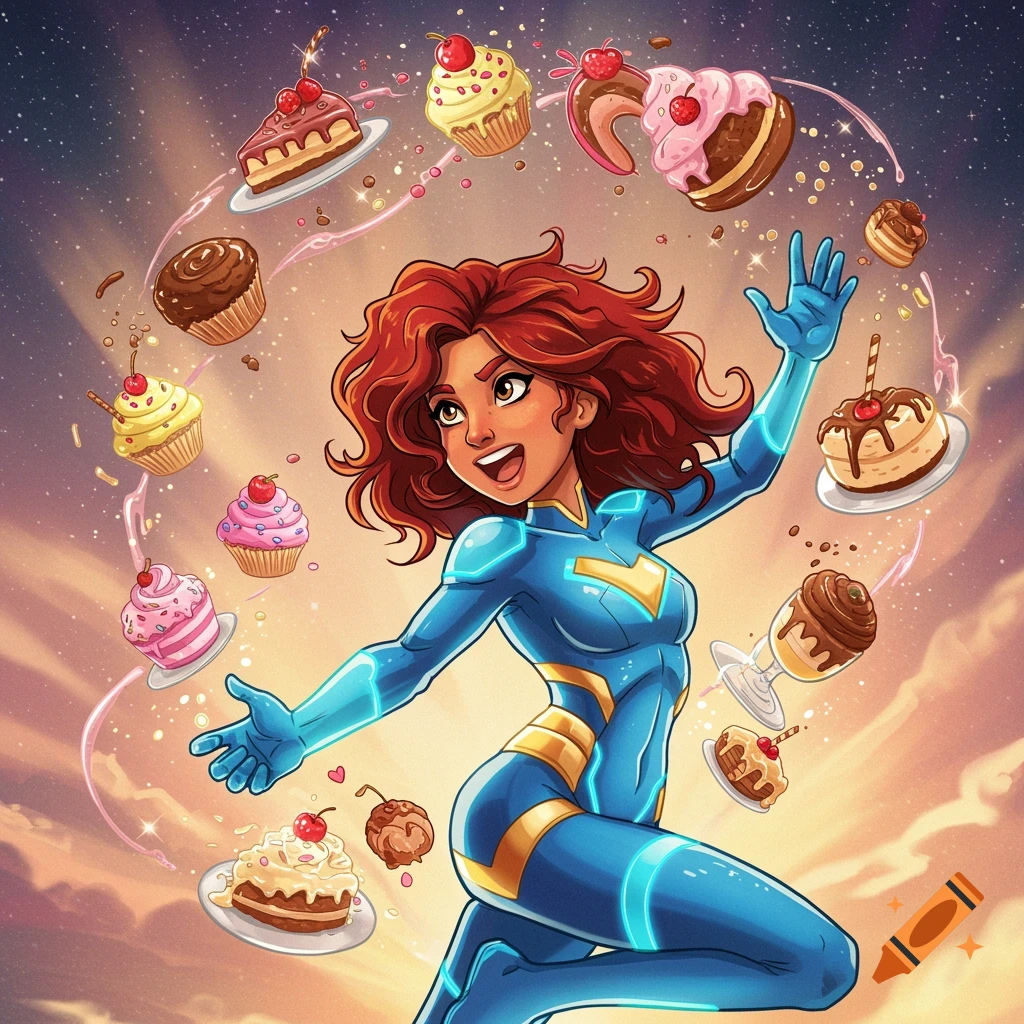 A cartoon superhero girl in a blue and gold suit is summoning desserts in space.