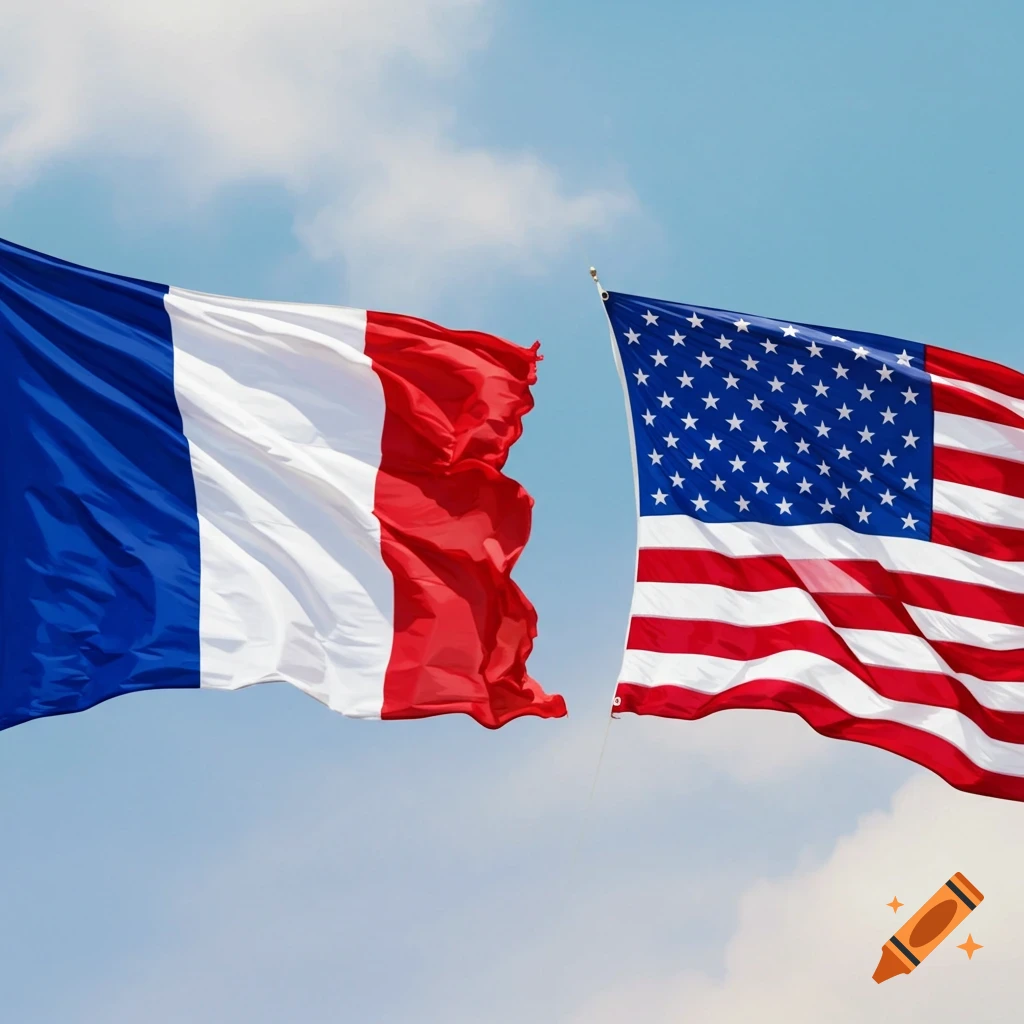 The French flag and the American flag waving side-by-side against a blue sky.