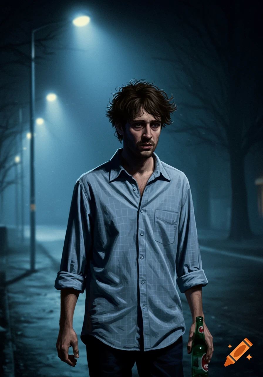 A man walks down a dark street at night, holding a bottle, under the glow of streetlights.
