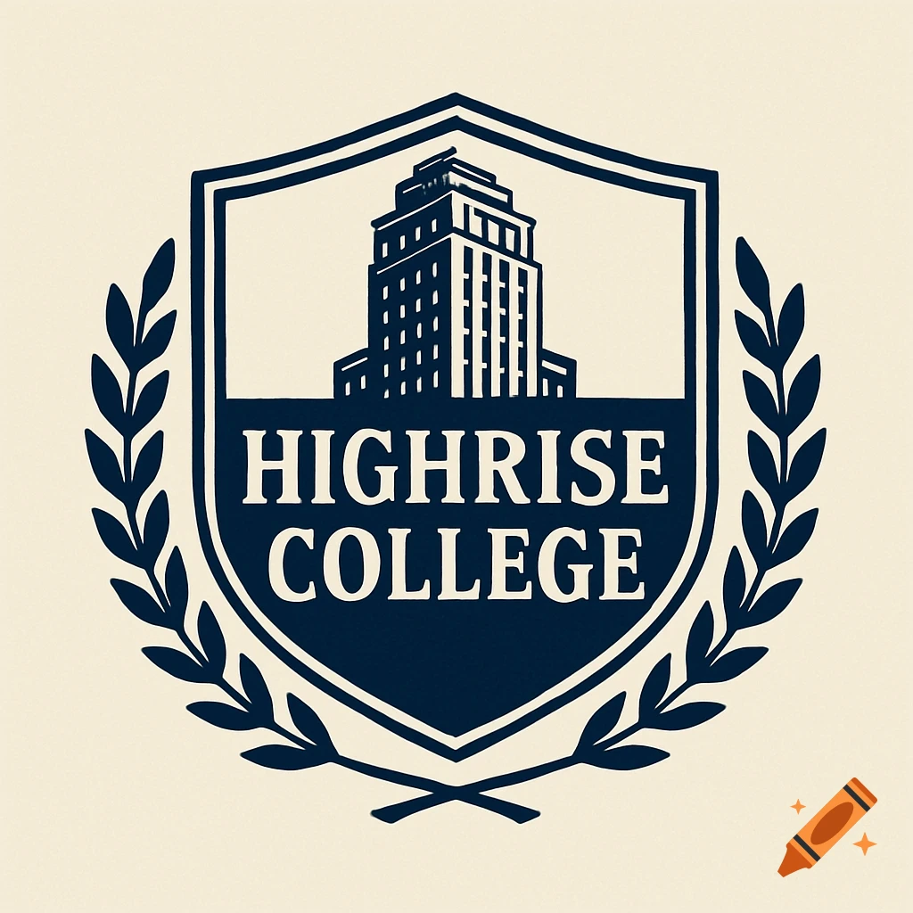 Navy blue college logo shield with a highrise building and 'HIGHRISE COLLEGE', surrounded by laurel leaves.
