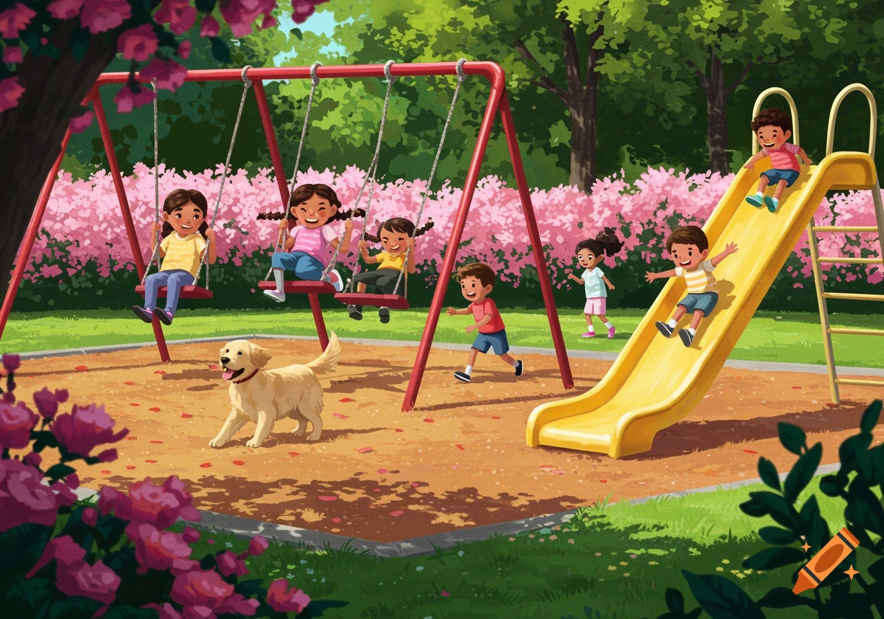 Illustration of kids playing on swings and a slide at a park with a dog.