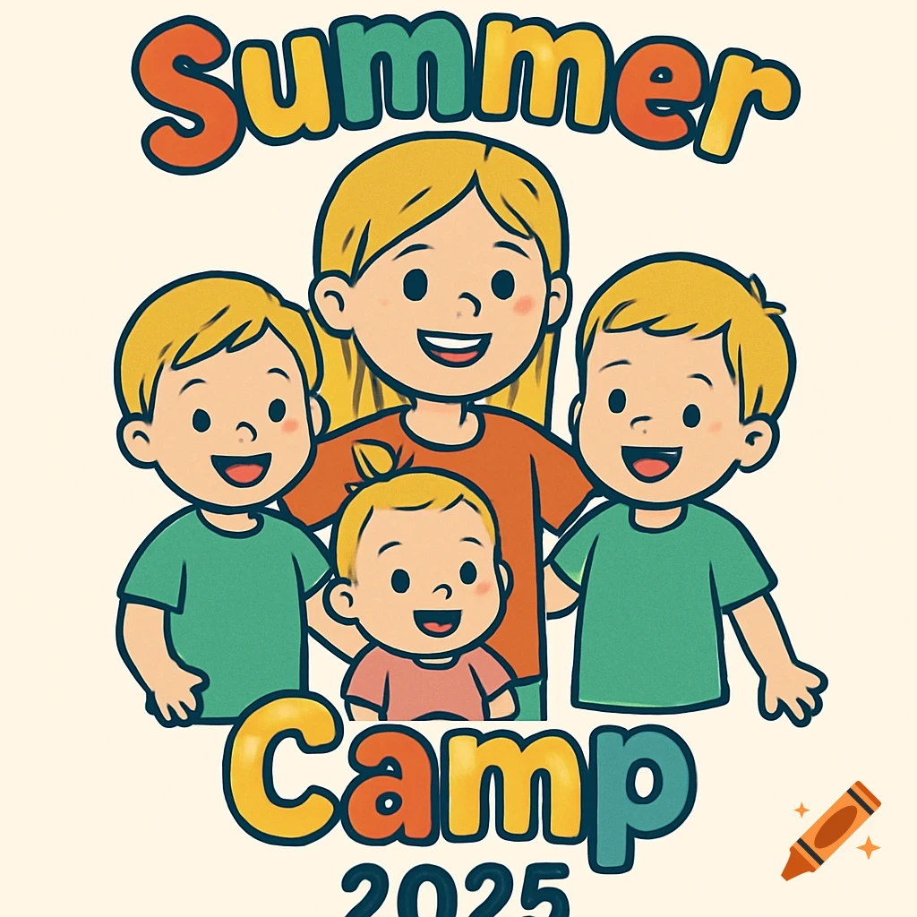 Cartoon illustration of children with "Summer Camp 2025" text.