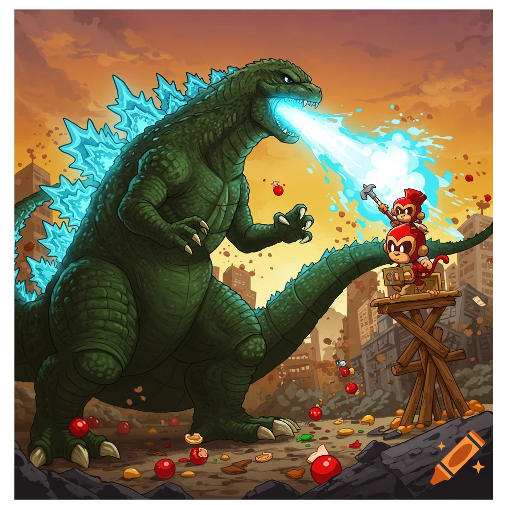Cartoon Godzilla battles two red monkeys in a city, breathing blue atomic breath.