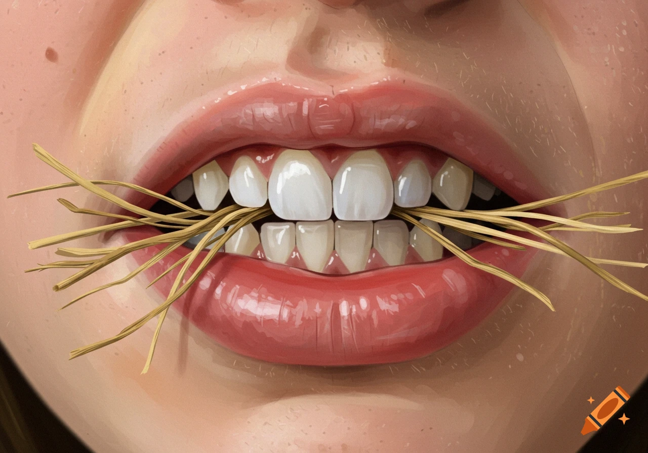 Close-up digital painting of a mouth with hay between the teeth.