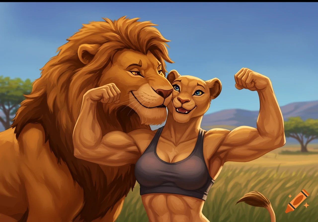 Cartoon male and female lions flexing muscles in a savannah, Lion King style.