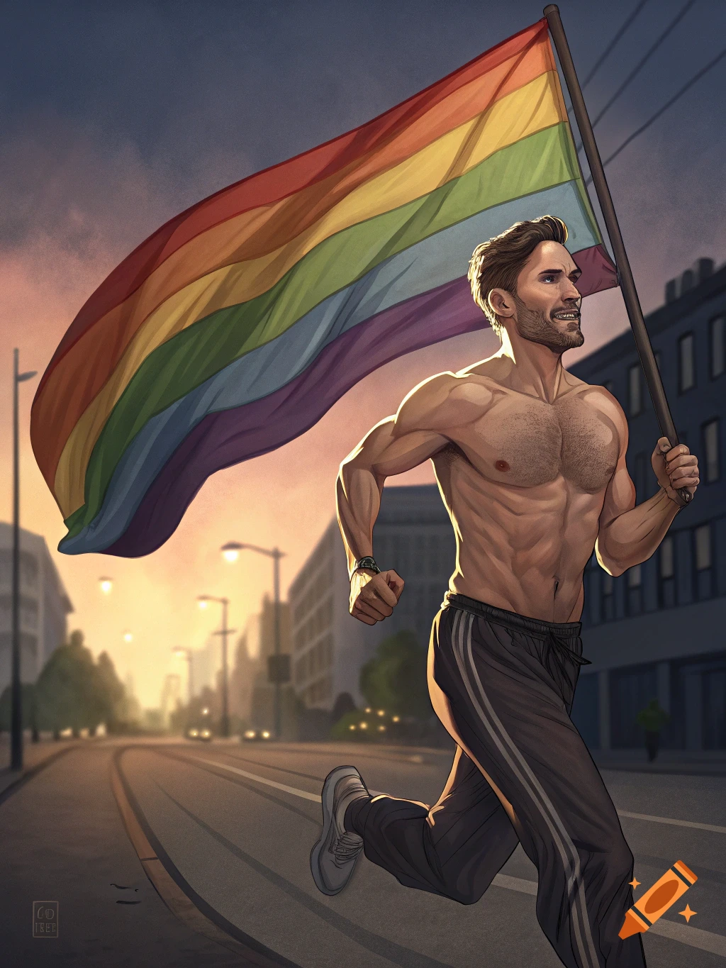Shirtless man runs with pride flag in city street at sunset.