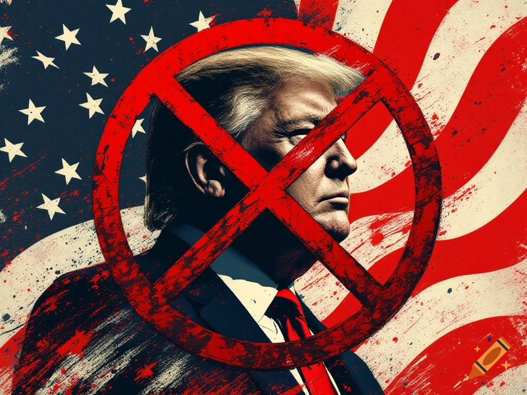 Donald Trump's profile against an American flag background with a large red circle and crossbar over his face, in a grunge art style.