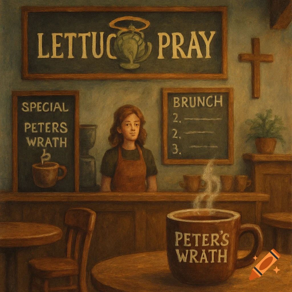 Painting of a person in a cafe called Lettuce Pray with a mug labeled Peter's Wrath