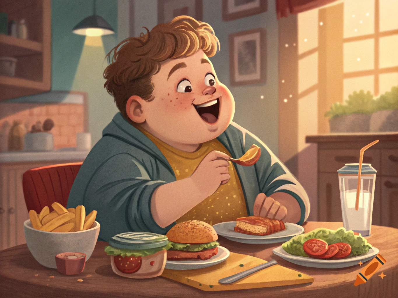 Cartoon boy eating food including burgers, fries, and salad.
