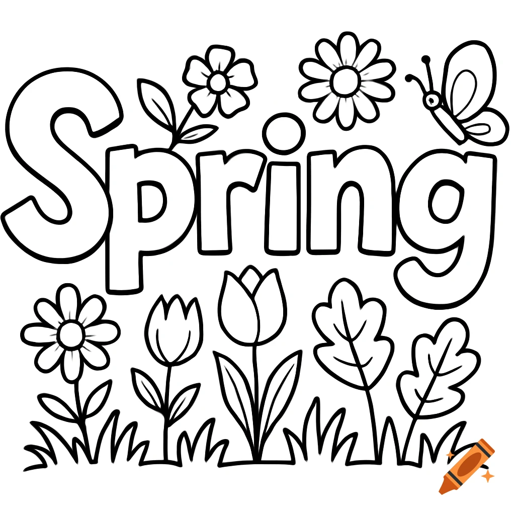 Black and white coloring page with the word Spring, flowers, and a butterfly.