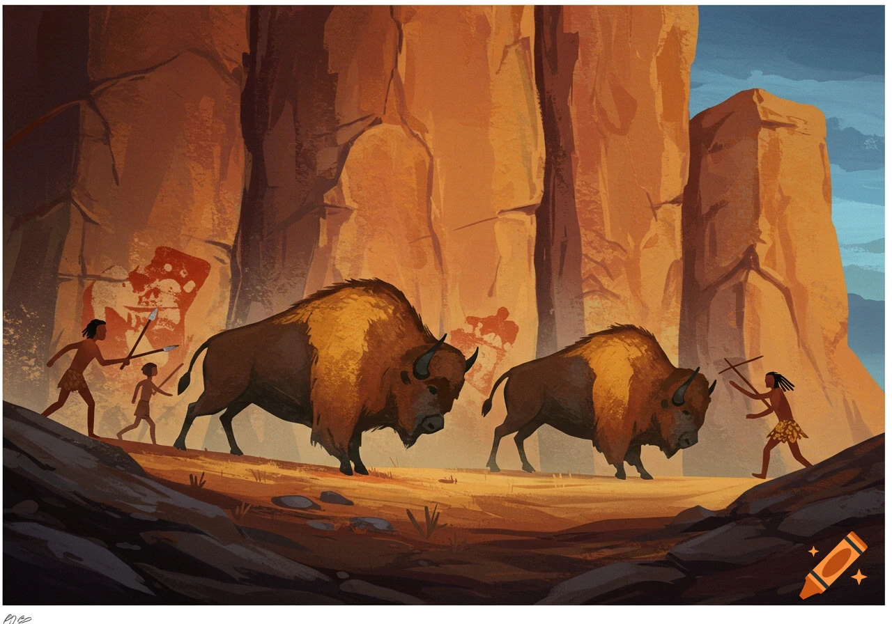 Illustration of prehistoric hunters with spears near two bison on a rocky landscape with red cave paintings.