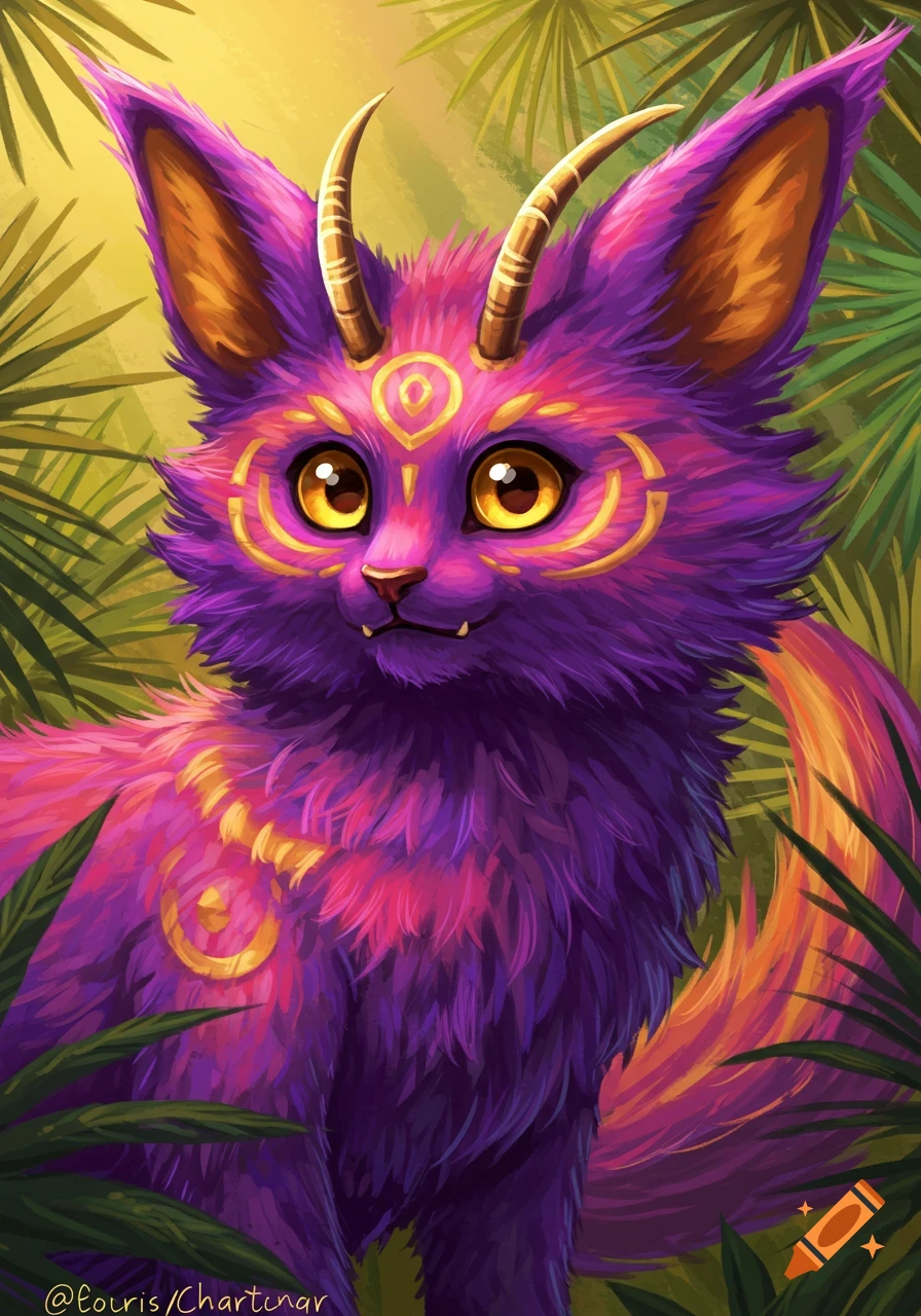 A stylized purple fantasy creature with horns and gold markings in a jungle.