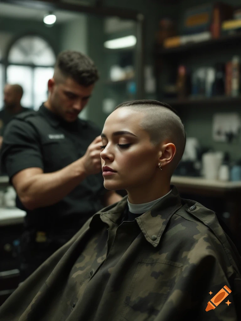 A woman with a shaved head sits in a barber shop wearing a camouflage cape as a barber works behind her. Photorealistic.