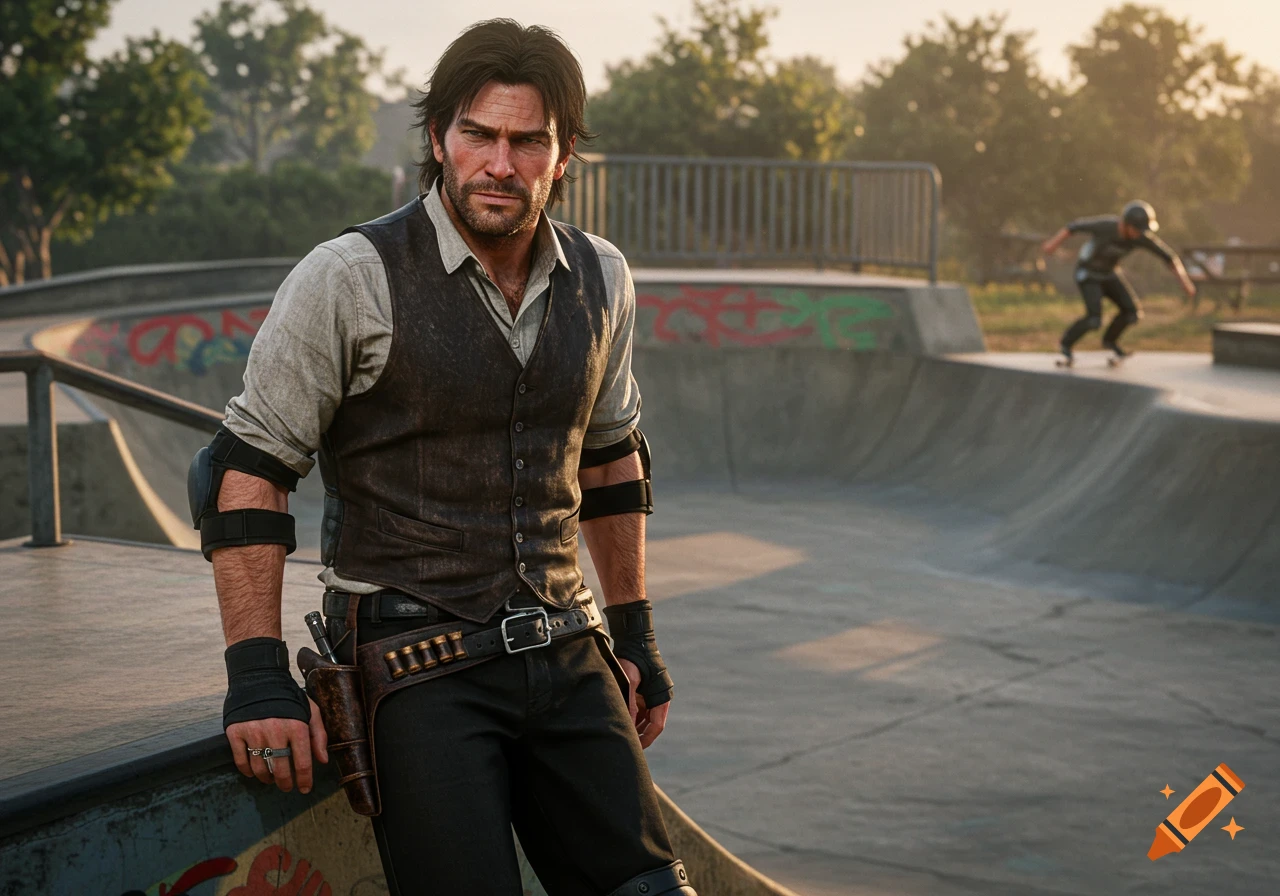Realistic portrait of a man resembling Arthur Morgan in a skatepark with a skateboarder in the background.