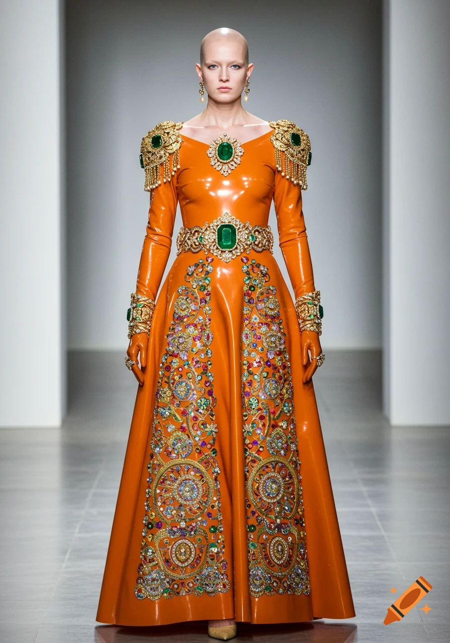 A model in a bright orange glossy dress with extensive gold and gemstone embellishments walks on a runway.