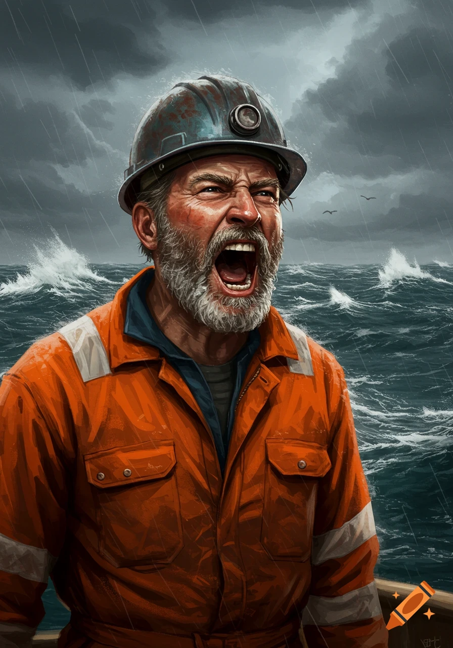 A bearded man in an orange work suit and hard hat yells during a stormy sea.