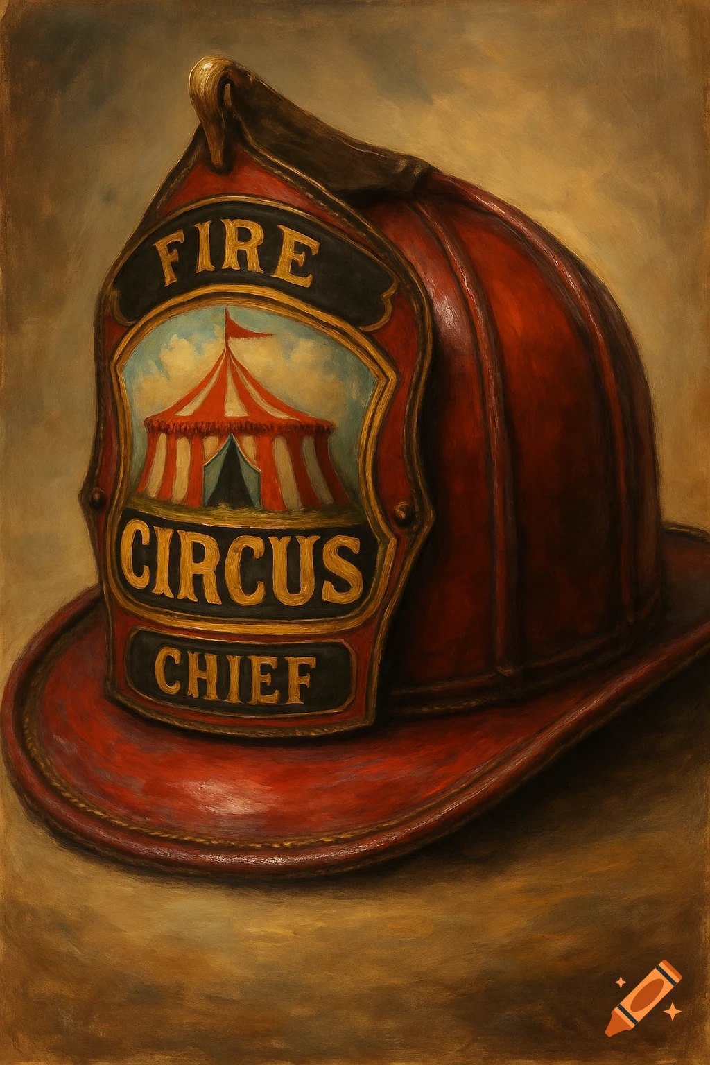 Red firefighter helmet with a shield showing a circus tent and the words 'FIRE', 'CIRCUS', 'CHIEF' in a painting style.