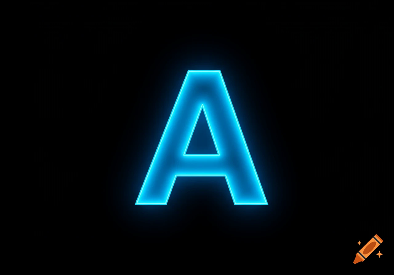 A bright blue glowing capital letter A on a black background.