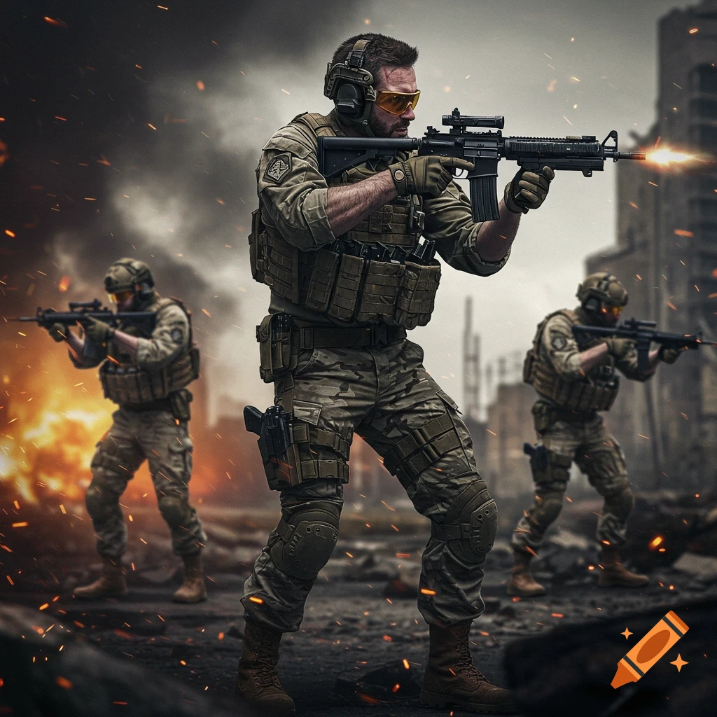 Three soldiers in tactical gear firing rifles in a smoky urban combat zone with debris and explosions.